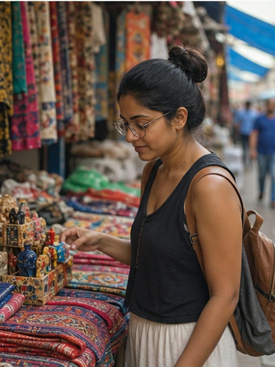 A woman browsing a colorful market